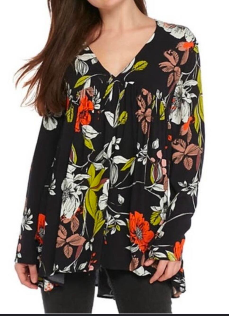 Womens Free People Bella Black Floral Top Size XS Festival Boho V-Neck Babydoll